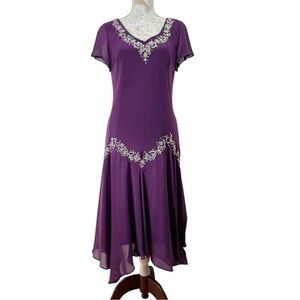 SL Fashions Size 14 Midi Dress Purple Whimsigoth Embroidered Sequin Handkerchief